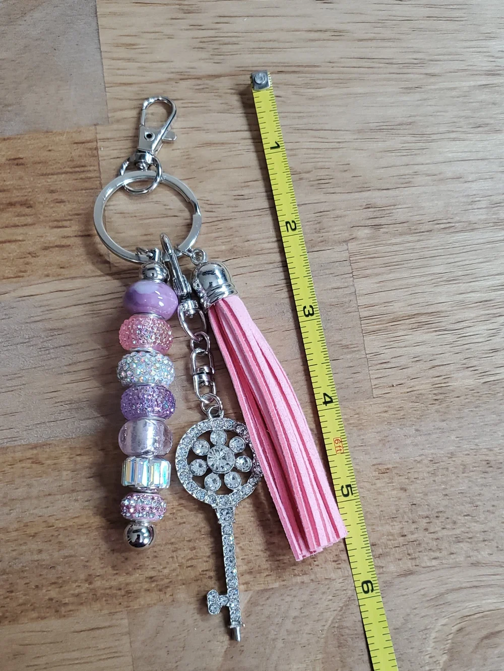 Elegant Pink and Purple Beaded Keychain with Crystal Key Charm